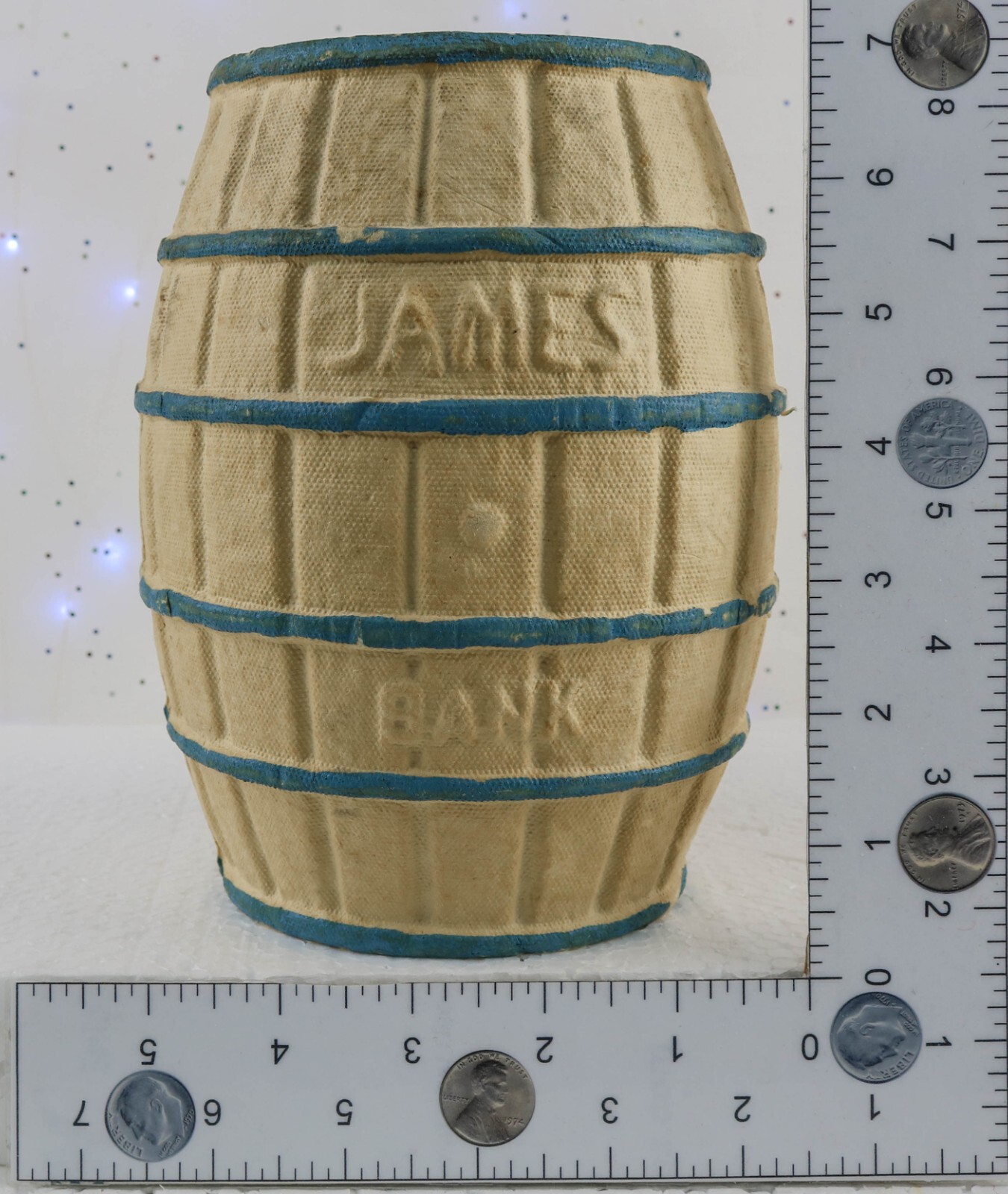 Vintage James Bank • Atlantic City Saltwater Taffy Barrel Paper Mâché Clown Bank