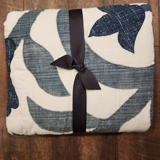 Pottery Barn Mahalo Applique Hawaiian Tropical F/Q Queen Quilt 2 Euro Sham Blue