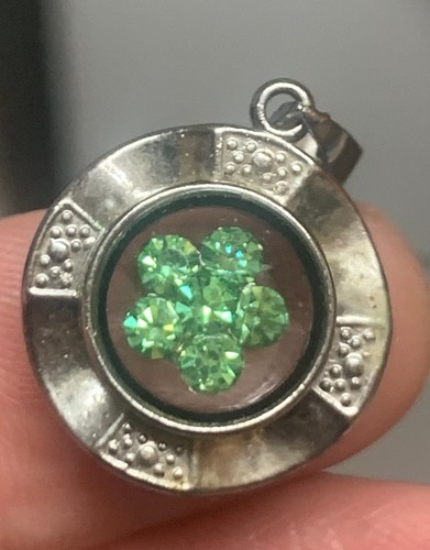 18k white gold GP green gem spinning rotating flower pendant glass encasement