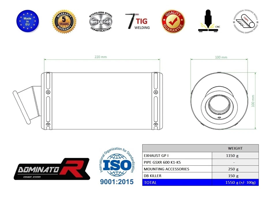 GSXR 600 K1 K5 2001 - 2005 Terminale di Scarico Silenziatore GP1 DOMINATOR - Immagine 2 di 2