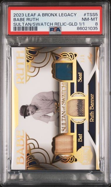 Babe Ruth Sultan of Swatch Relic Gold 1/1 2023 Leaf A Bronx Legacy PSA 8 view 1