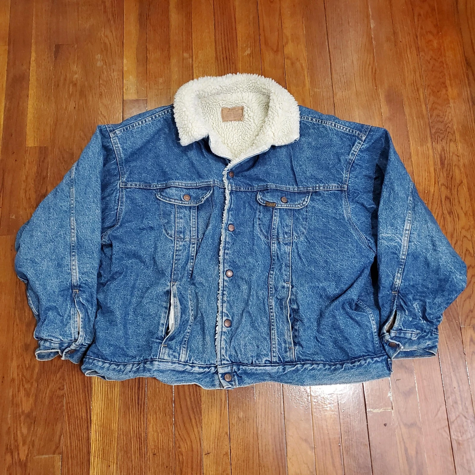 Vintage Roebucks Jacket Mens 3XL Blue Denim Sherpa Lined Western Bomber 80s