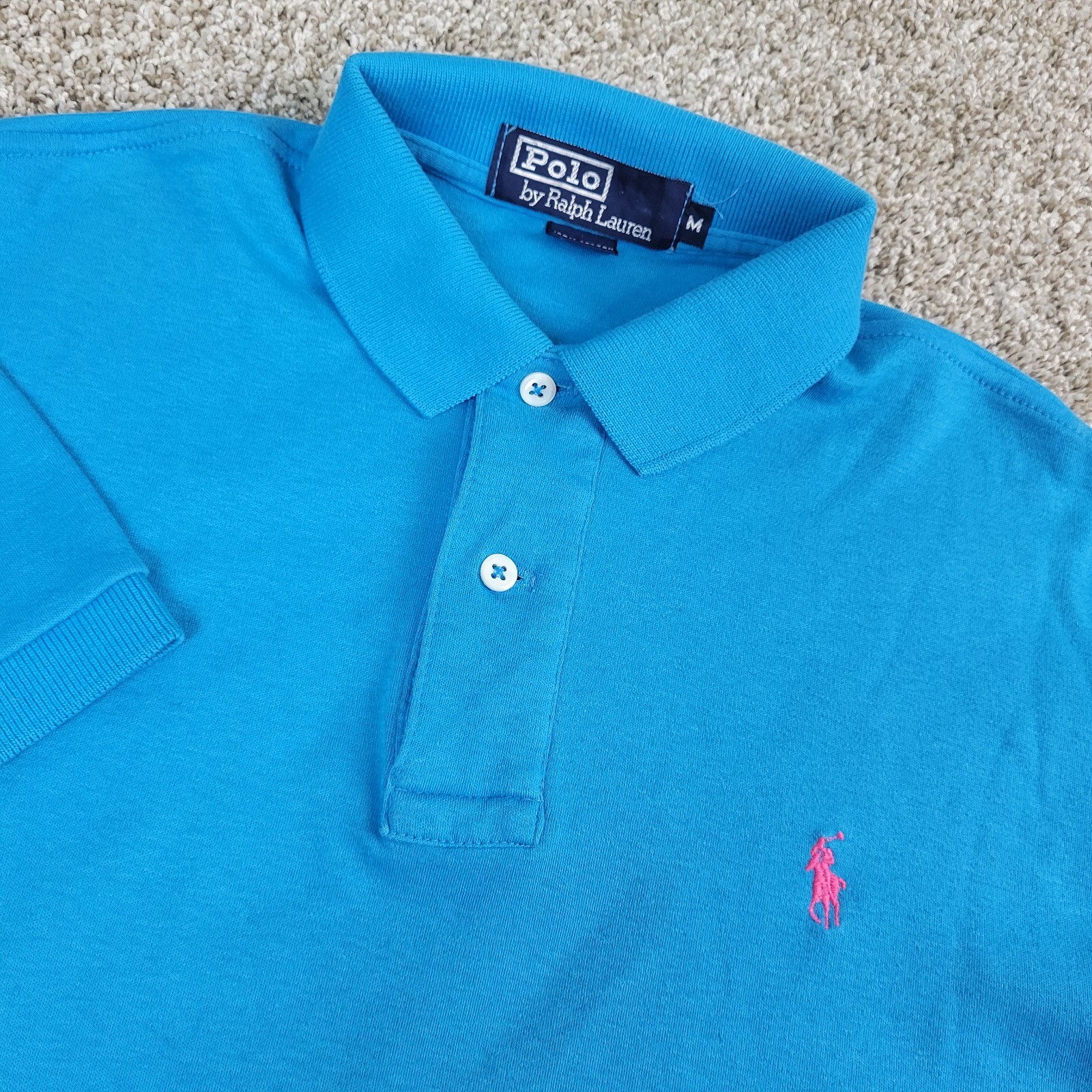 Vintage Polo Ralph Lauren Mens Medium Solid Blue Pony Stretch Knit SS USA Made