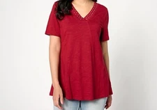 Quacker Factory Size L Cherry Red Rhinestone Short Sleeve Swing Top A596315 NWOT