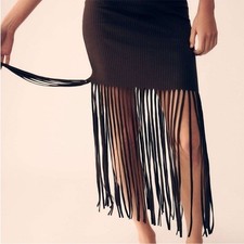 ZARA Brown Ribbed Fringe Skirt festival western sz M