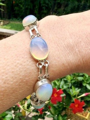 Vintage Sterling Silver 925 Opalite Oval Bezel Set Link Bracelet Toggle Clasp
