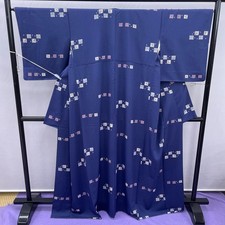 Dark Blue Silk Kimono with Fine Pattern, 67" Sleeve, Used