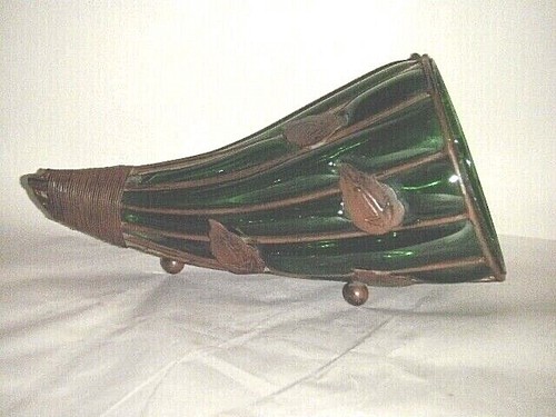 CORNUCOPIA HORN OF PLENTY METAL CAGE OVER BLOWN GREEN GLASS 1960'S MURANO ITALY - Picture 3 of 12