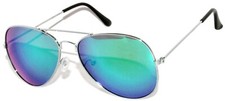 AVIATOR MIRROR COLORED BLUE-GREEN REFLECTIVE LENS SILVER METAL FRAME SUNGLASSES