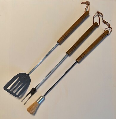 Vintage Foley USA 20'' Wood Handle BBQ Grill Tools Brush, Chrome Fork & Spatula 
