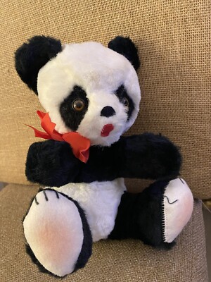 Hand Sewn Vintage Panda Bear 9  Sitting Jingle Bell In Ear Brown Eyes Red Bow