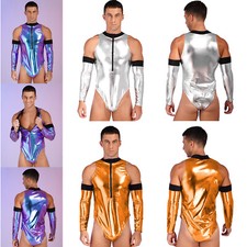 Men's Astronaut Space Costume Jumpsuit High Cut Leotard Bodysuit with Oversleeve