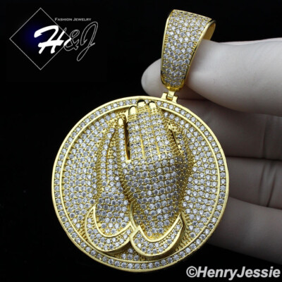 MEN 14K GOLD PLATED ICY BLING CZ GOLD 3D PRAYING HANDS ROUND PENDANT*BGP9