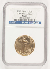 2007 1/2 Oz. G$25 Gold American Eagle Graded by NGC as MS70 Early Releases 3975.56 per troy oz