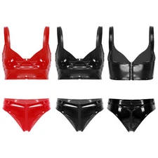 Women's Wet Look PVC Leather Lingerie Dancewear Bra Crop Top with Briefs Bra Set