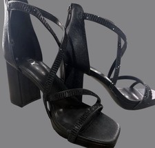 Black Rhinestone Strappy Block Heel Sandals - Clear Ankle Strap - Pre-owned