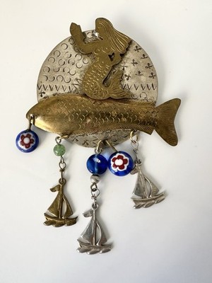 Vintage Artisan Made Mixed Metal Mermaid Fish Millefiori Bead Brooch