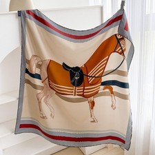 Pure 14 Momme Twill Silk Wrap Scarf Bandanna Racecourse Print Square Shawl 90cm