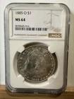 1885-O Morgan Silver Dollar NGC MS64 Choice BU New Orleans Mint