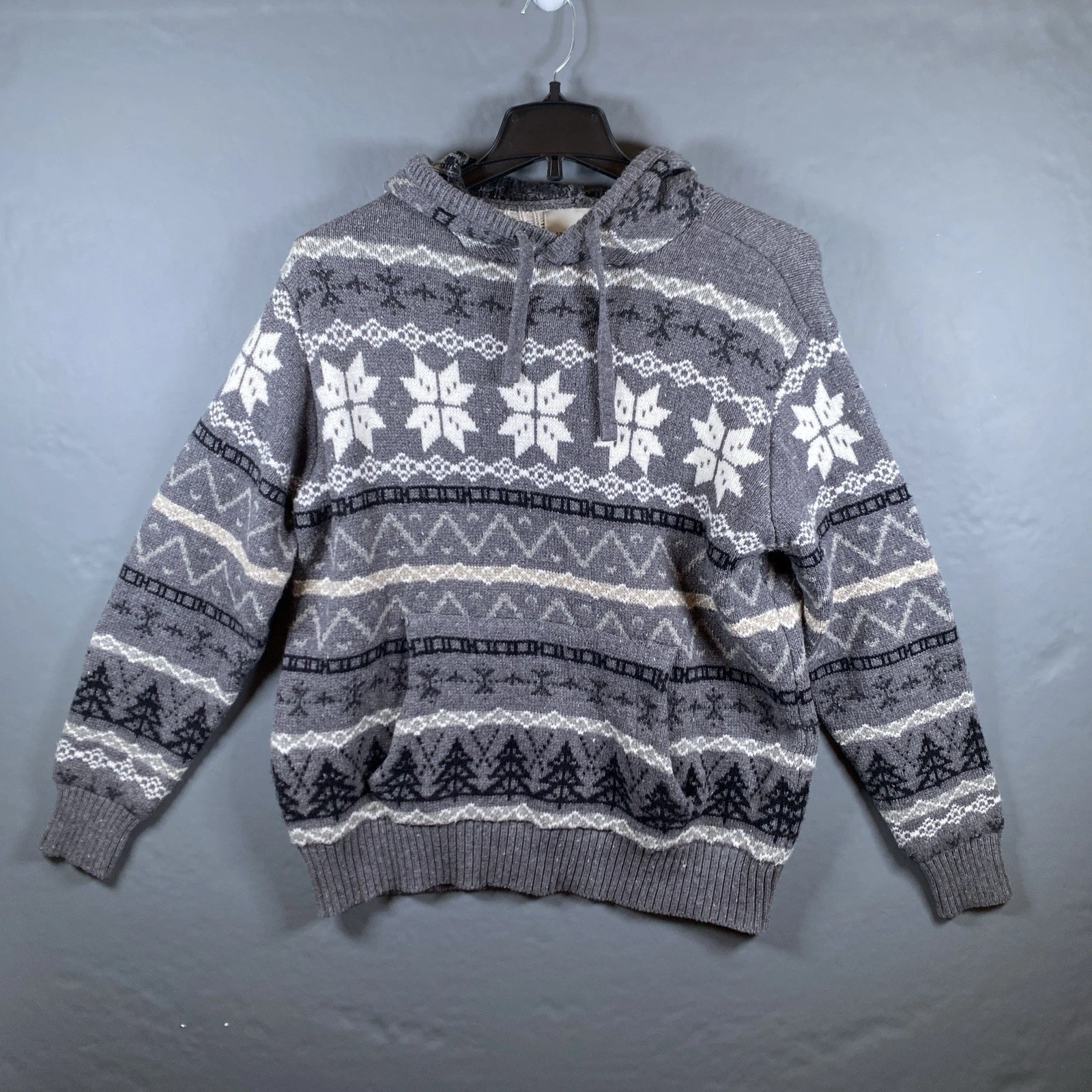 American Eagle Mens Nordic Gray Hoodie Ski Sweater Snowflake Design Size L