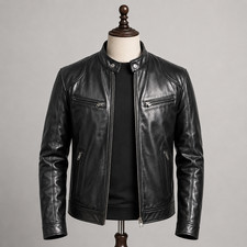 Cafe Racer Men's Motorcycle Leather Jacket Genuine Sheepskin Biker Black Jacket