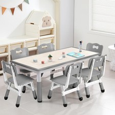 Set of 7 Kids Table and Chairs Height Adjustable Desk With 6 Seats Chairs Gray
