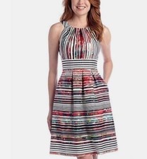 NINE WEST Womens Sleeveless Pleat Neck Fit-and-Flare Size 14 Striped Knee Length