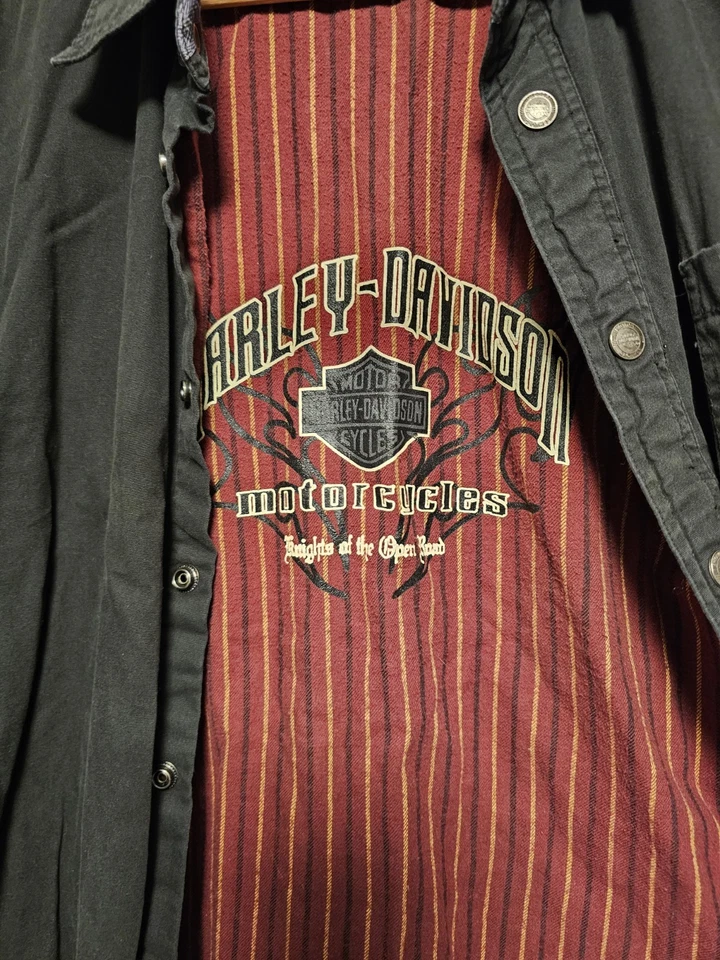 Chaqueta Camisa Harley Davidson Completamente Forrada Botón a Presión Negra Para Hombre’s L Foto 3 de 4