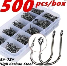500pcs Fish Hooks 10 Sizes Fishing Black Silver Sharpened With Box Quality kit
