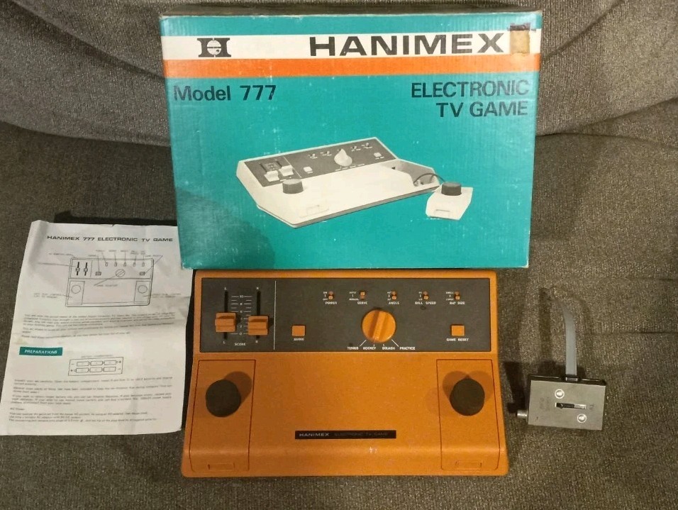 A genuinely rare 1977 Hanimex 777 pong-era console with its original box — a real museum-worthy piece of video game prehistory.