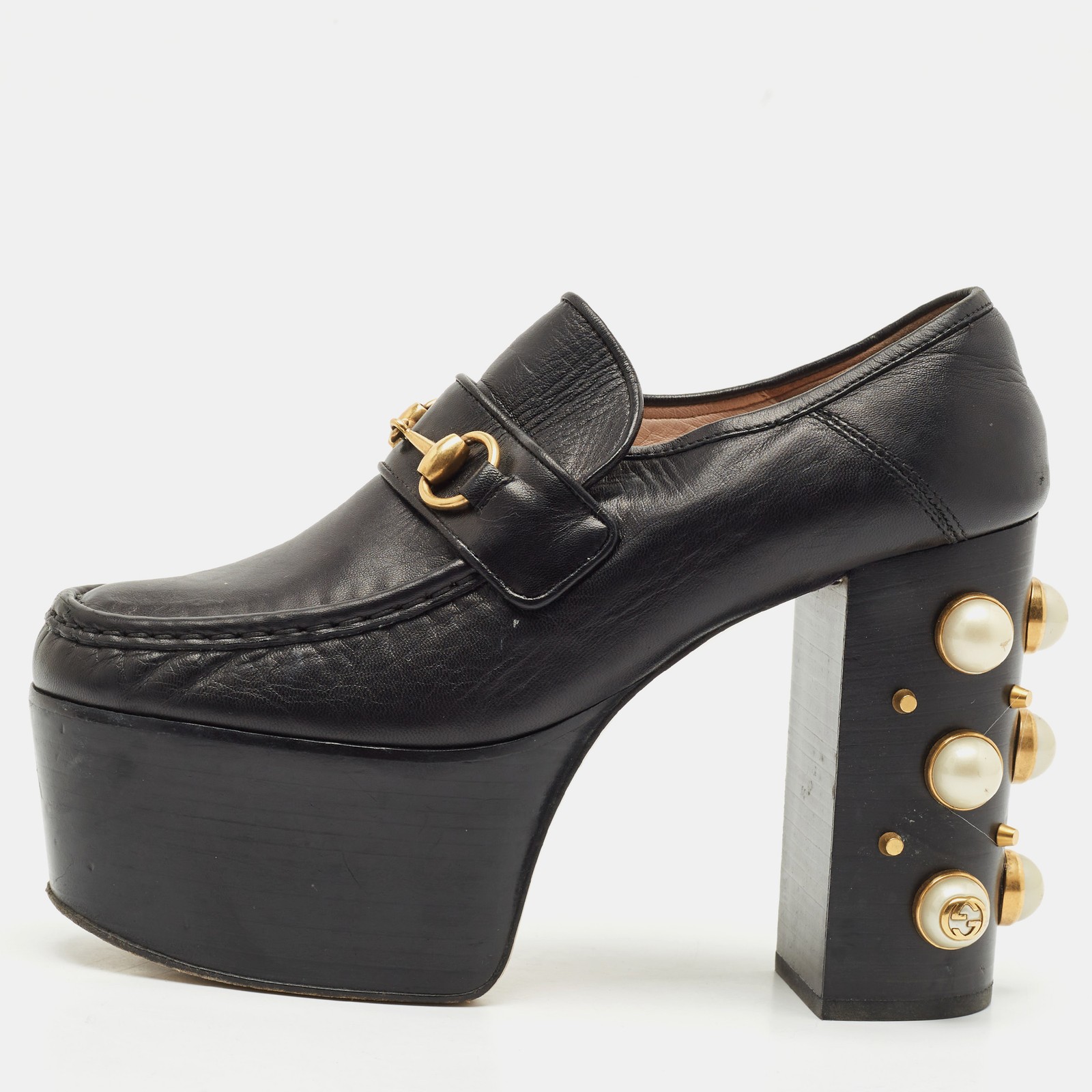 Gucci Black Leather Vegas Pearl Studded Platform Loafers Size 39
