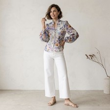 Zimmermann Petite Tama Ramie Pansy Floral Long Sleeve Sheer Blouse, Sz 0p