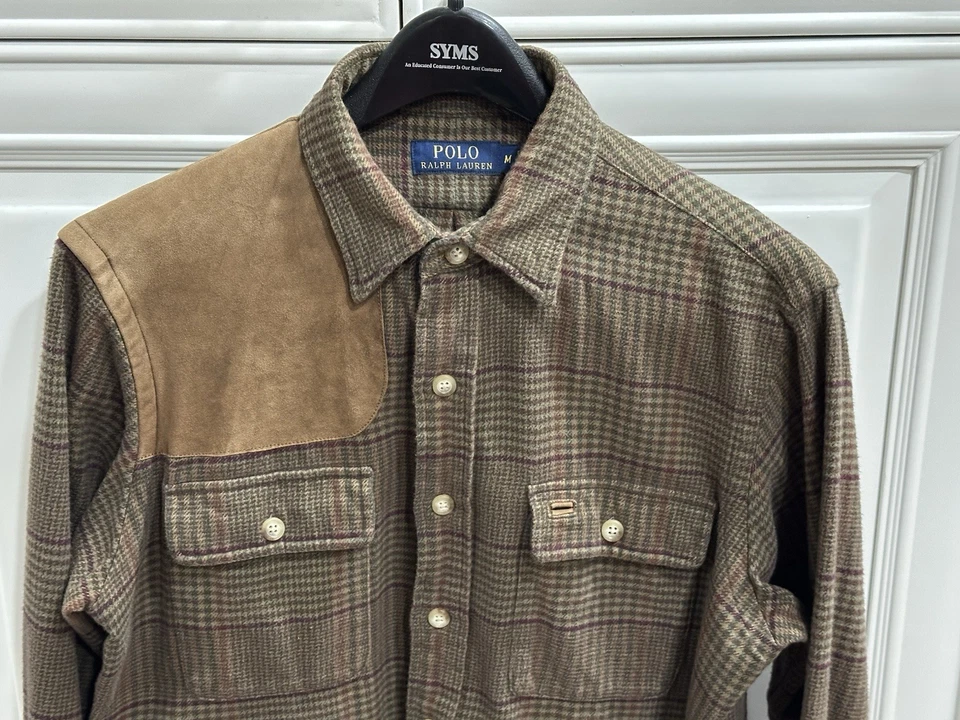 Polo Ralph Lauren Para Hombre Camisa Tirador Parche Cuero Cuadros M Manga Larga Foto 3 de 4