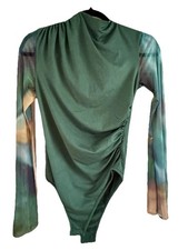 Women  s Green Mesh Sleeve Flare Bodysuit Long Sleeve Stretch Top S