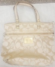 Coach Beige Logo Shoulder Bag Gold Hardware Double Handles Women
