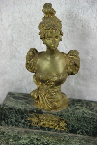 Ancien art nouveau marbre bronze P RIGUEL encrier bureau signé buste femme - Photo 6/9