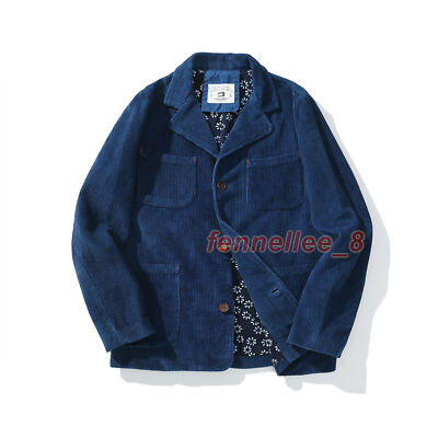 Vintage French Blue Worker Corduroy Jacket Mens Handmade Indigo