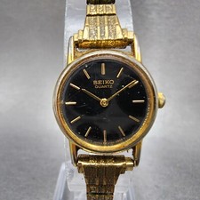 Seiko Watch Women 20mm Black Dial Gold Tone Round 2y00-0A19 New Battery Vintage