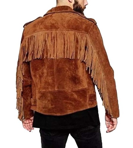 Men's Brown 100% Pure Suede Leather Fringe Jacket Style Slim Fit Leather Jacket - Picture 4 of 5