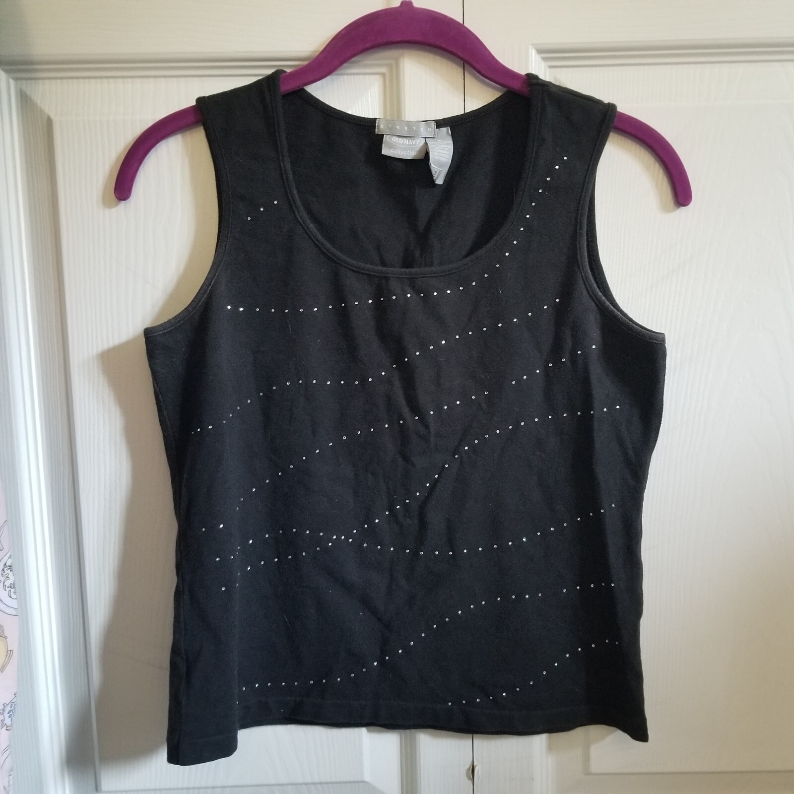 Y2K Vintage Women's Tank Top Medium Black Silver Rhinestones Bling Stretch