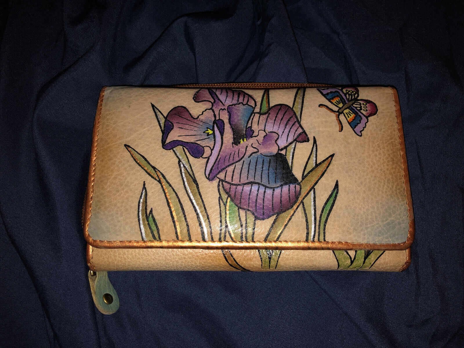 Hand Painted Leather Wallet Flowers Butterfly BEA… - image 1