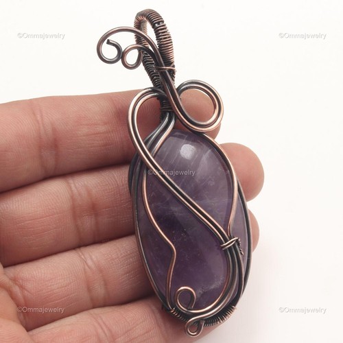 Amethyst Gemstone Handmade Jewelry Copper Gift For Mother Wire Wrap Pendant 3"