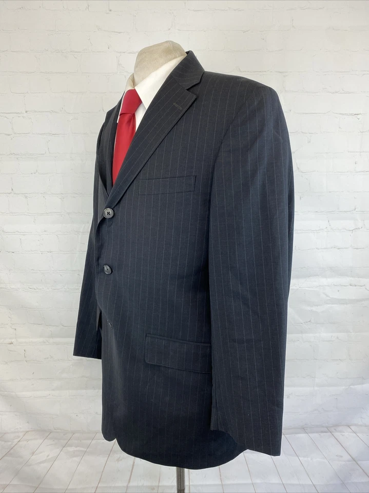 J. Traje de lana a rayas negras Press para hombre 41R 38X27 $995 Foto 3 de 4