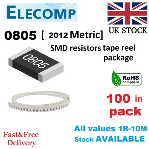 0805 SMD Resistors 1% 5% E24 Range 0 Ohm - 10M Ohm (100 Pack reel) Free postage