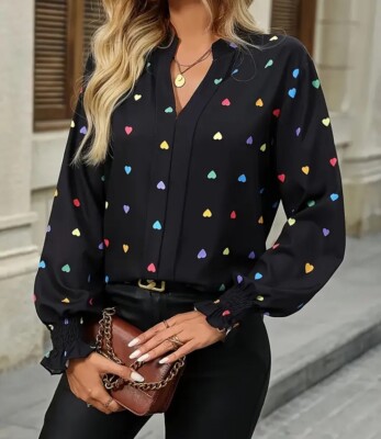 Plus 3x 22 Valentines V Neck Ruffle Cuff top blouse Shirt Black- Colorful Hearts