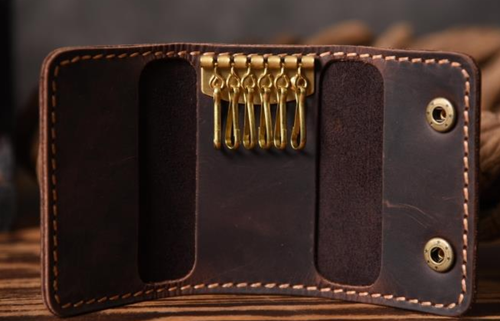 men women card wallet purse key case Ring holder cow Leather pouch bag brown 614 - Picture 12 of 12