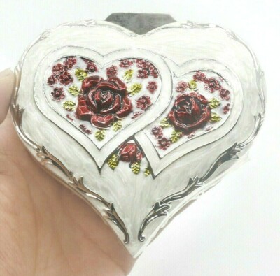 WHITE TIN ALLOY HEART  RED ROSE TRINKET MUSIC BOX :    YOU BELONG WITH ME  
