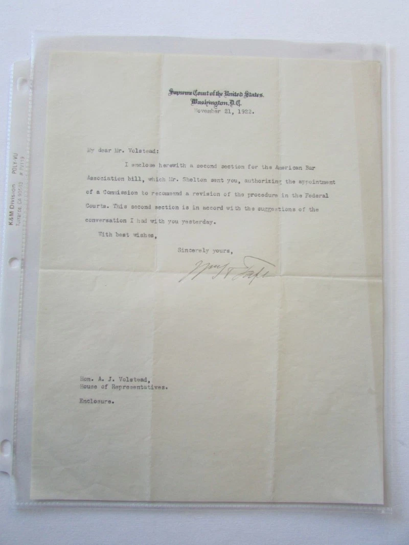 LETTRE AUTOGRAPHE DU JUGE DE LA COUR SUPRÊME TAFT VOLSTEAD 1922 D'OCCASION