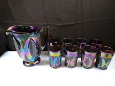 Westmoreland Amethyst Carnival Glass High Hob Water Set Pitcher 8 Tumblers