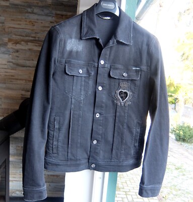 DOLCE & GABBANA JACKET 54 black denim jean jeans beaded embroidered dg d&g l xl